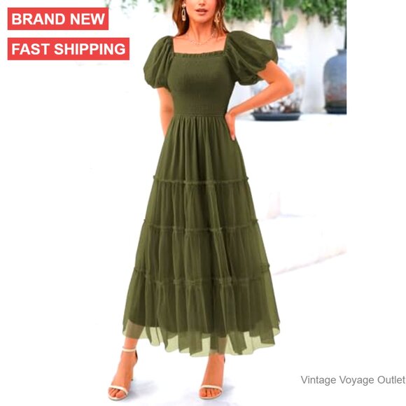 Women's Smocked Midi Tulle Dress Puff Sleeves Square Neck Tiered Ruffle - Picture 6 of 6